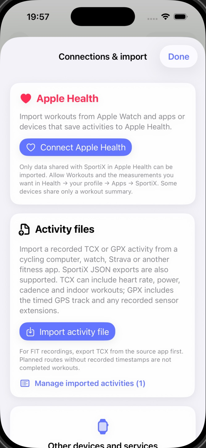 Экран SportiX: apple health и импорт.